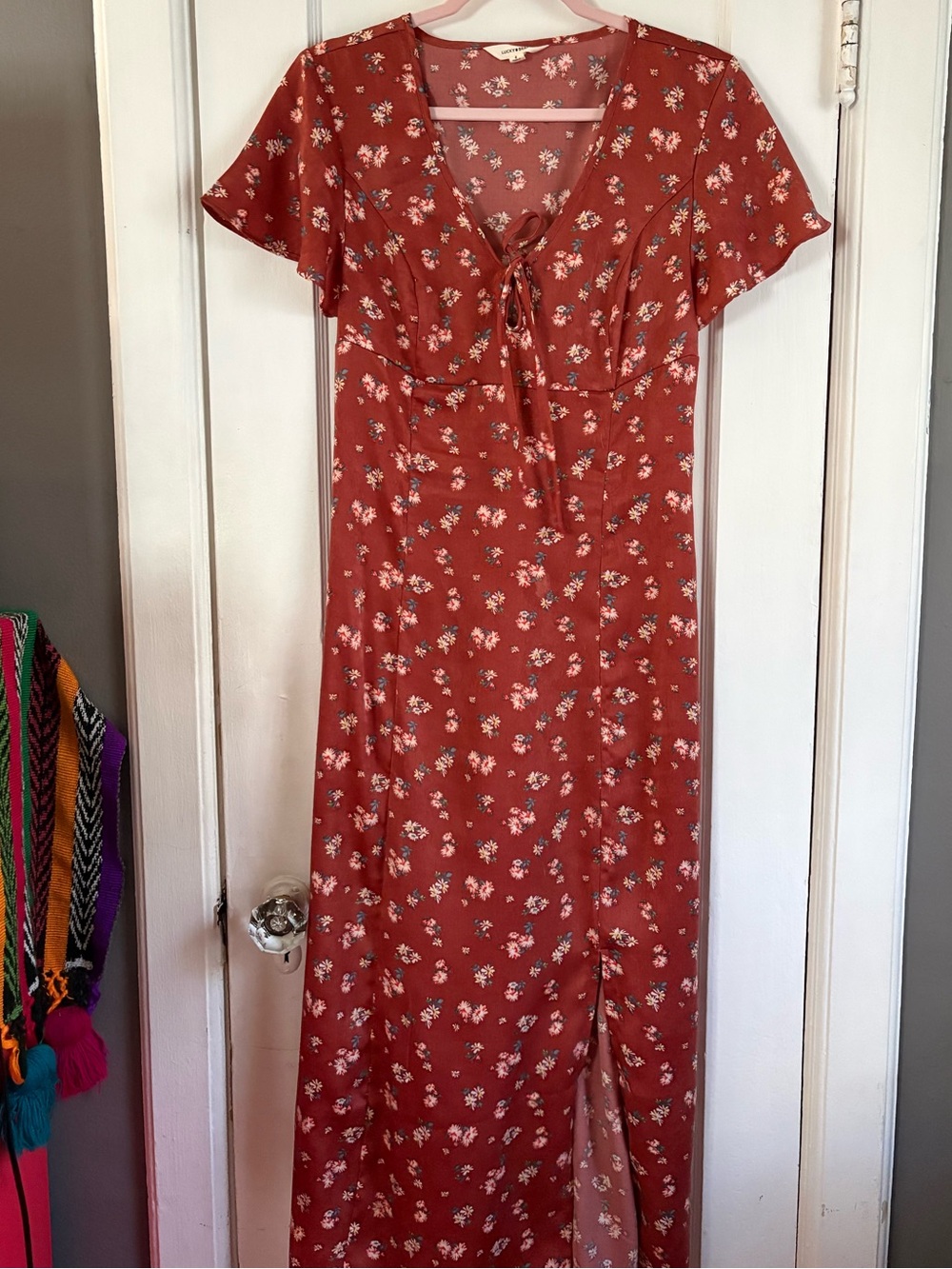 Lucky Brand Rust Floral Maxi Dress with Tie Neck